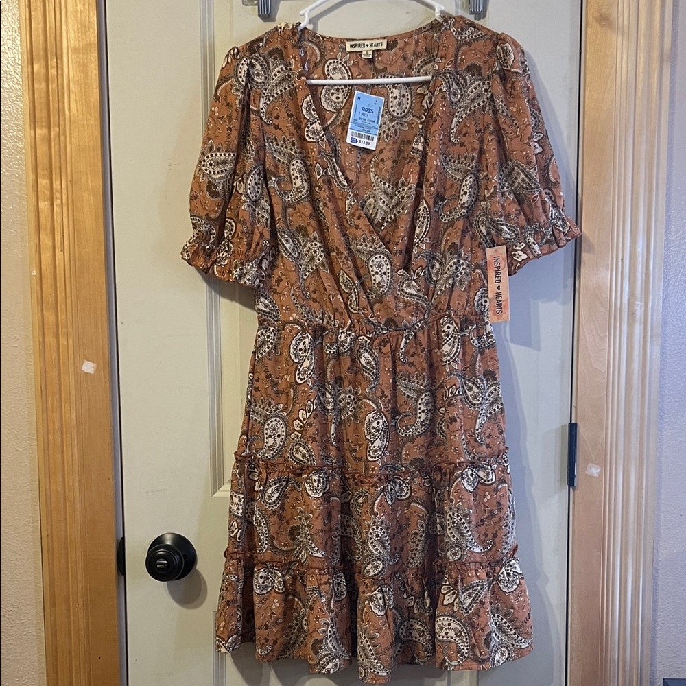 Free People Paisley Mini Dress in Brown and Cream